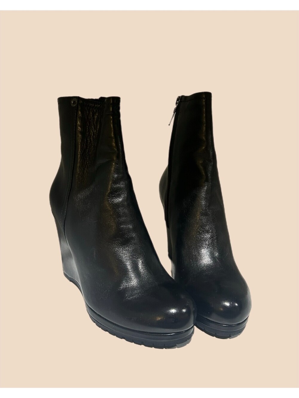 Vintage Prada Moto Wedge Leather Bootie Size 37/ US 6.5/7